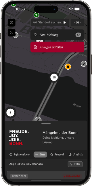 Mark-a-Spot PWA en producción: mapa de reporte ciudadano de la ciudad de Bonn