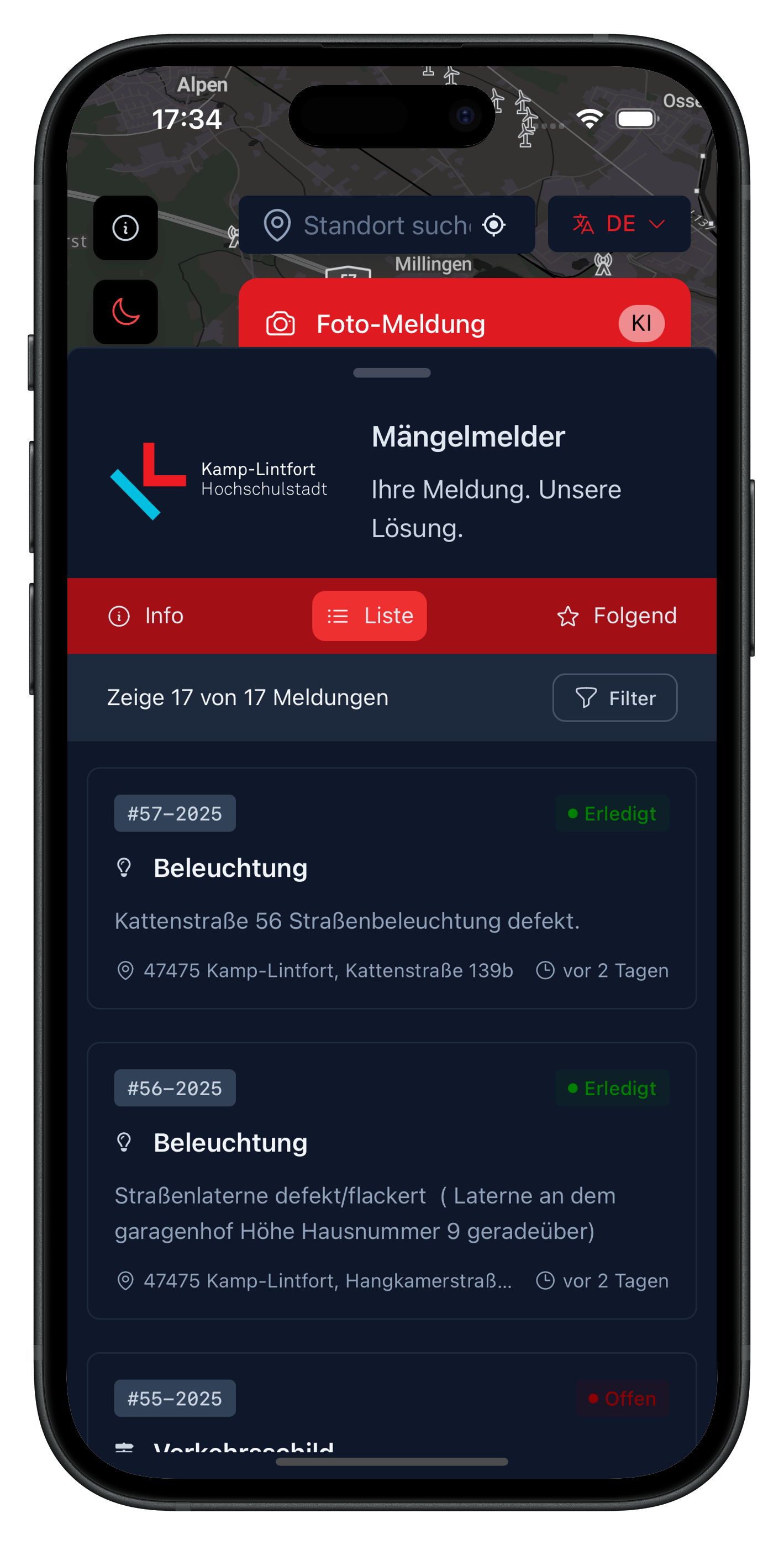 Captura de pantalla: Sistema de reportes Kamp-Lintfort con vista de mapa y categorías (anliegen.kamp-lintfort.de)