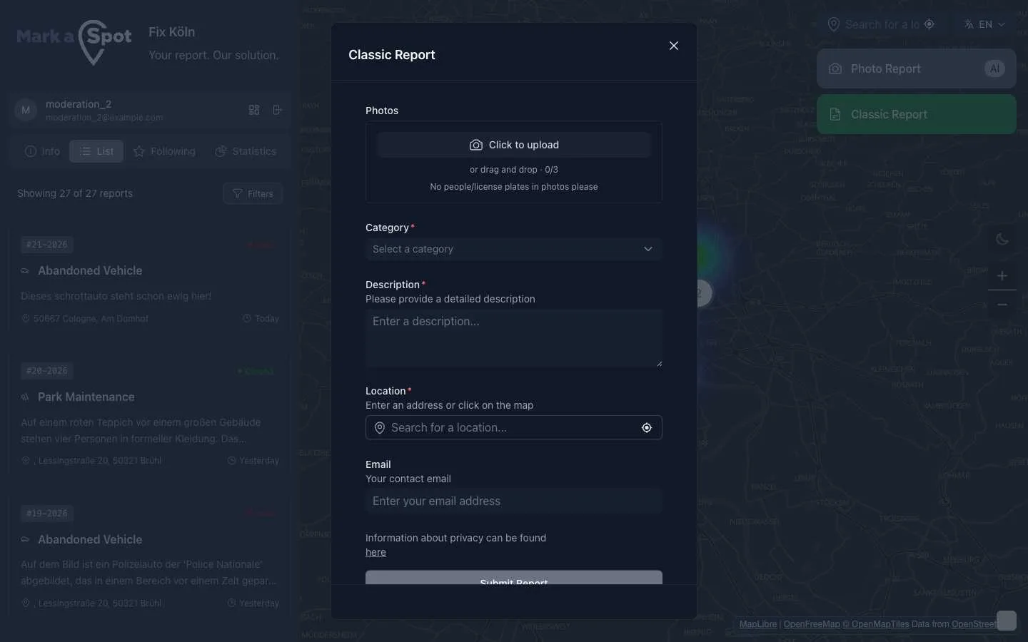 Formulario de reporte ciudadano con análisis de imagen por IA