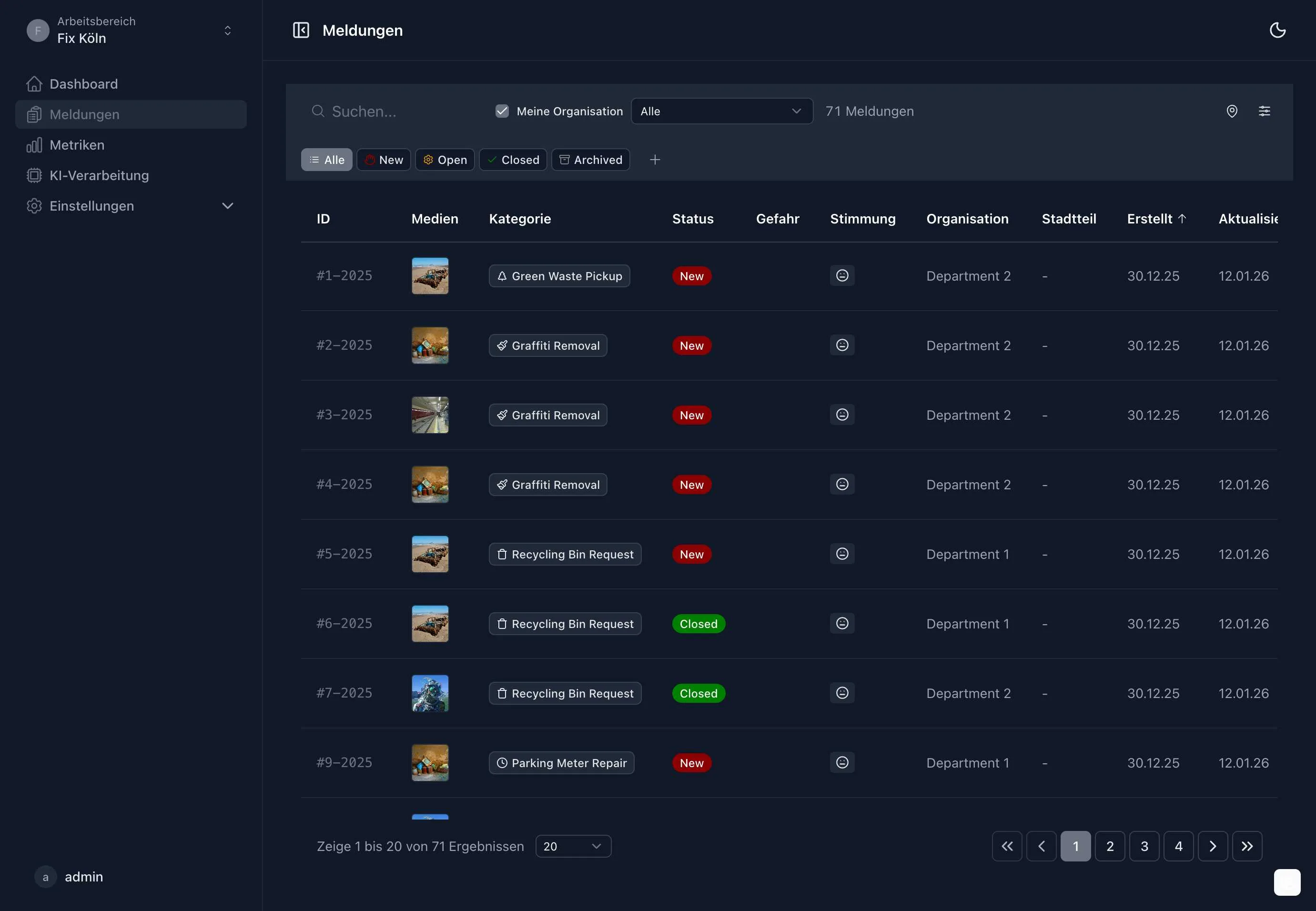 Meldungsliste im Sachbearbeiter-Dashboard