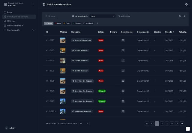 Backend de Mark-a-Spot: lista de incidencias filtrable por sede, estado y fase de tramitación