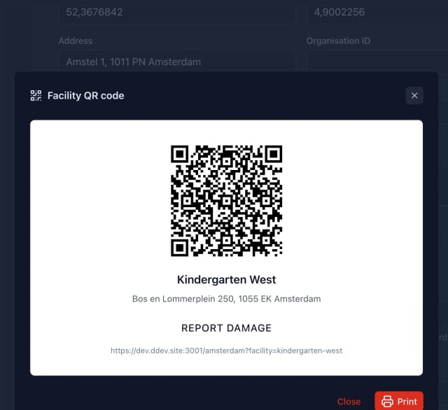 Panel de administración de Mark-a-Spot con un código QR y un enlace de incidencia propio para una sede de ejemplo