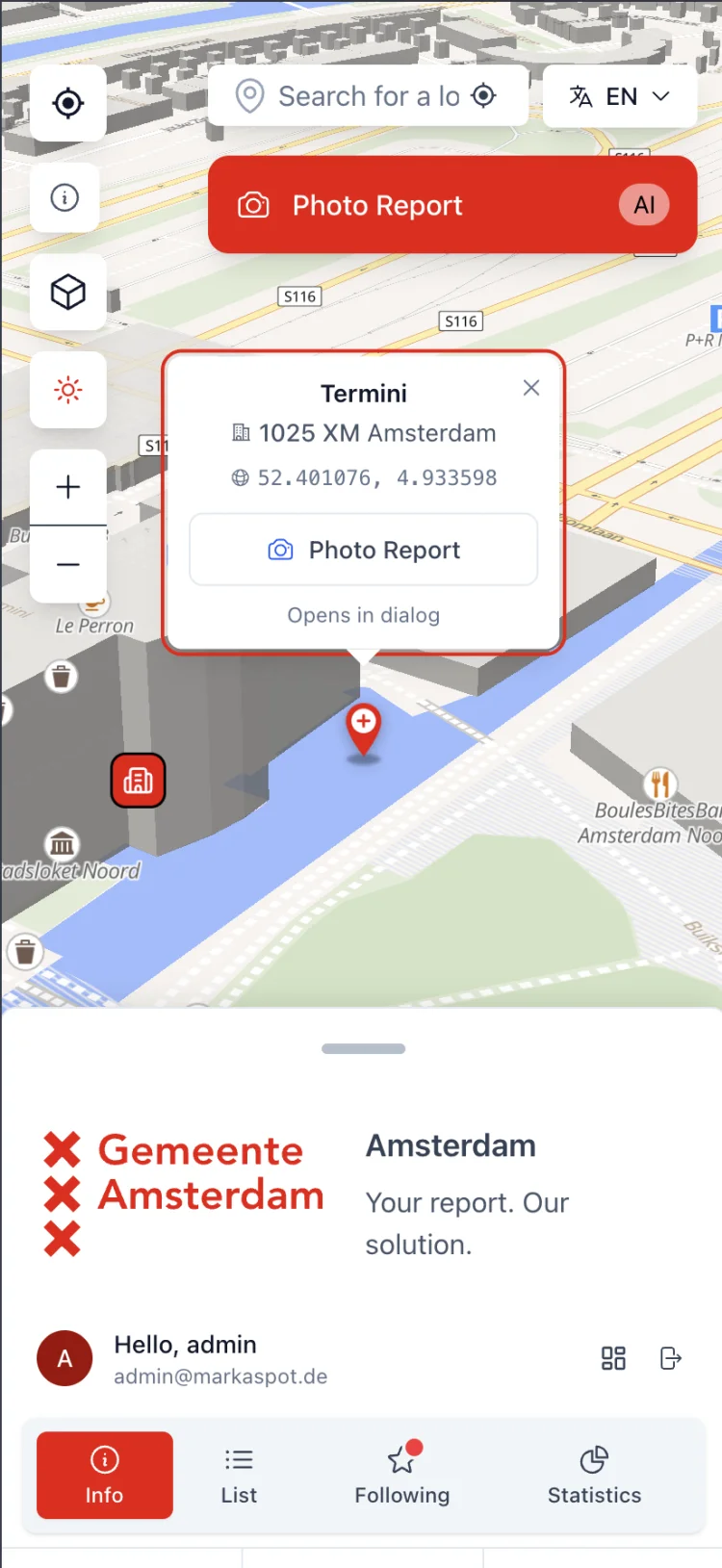Vista móvil de Mark-a-Spot con una incidencia ubicada dentro del recinto de una sede de ejemplo
