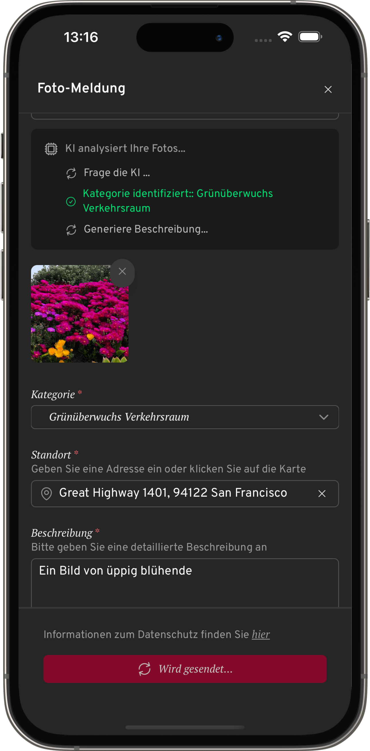 Screenshot: KI erkennt auf dem Foto das Problem und schlägt die passende Kategorie vor (anliegen.bonn.de)