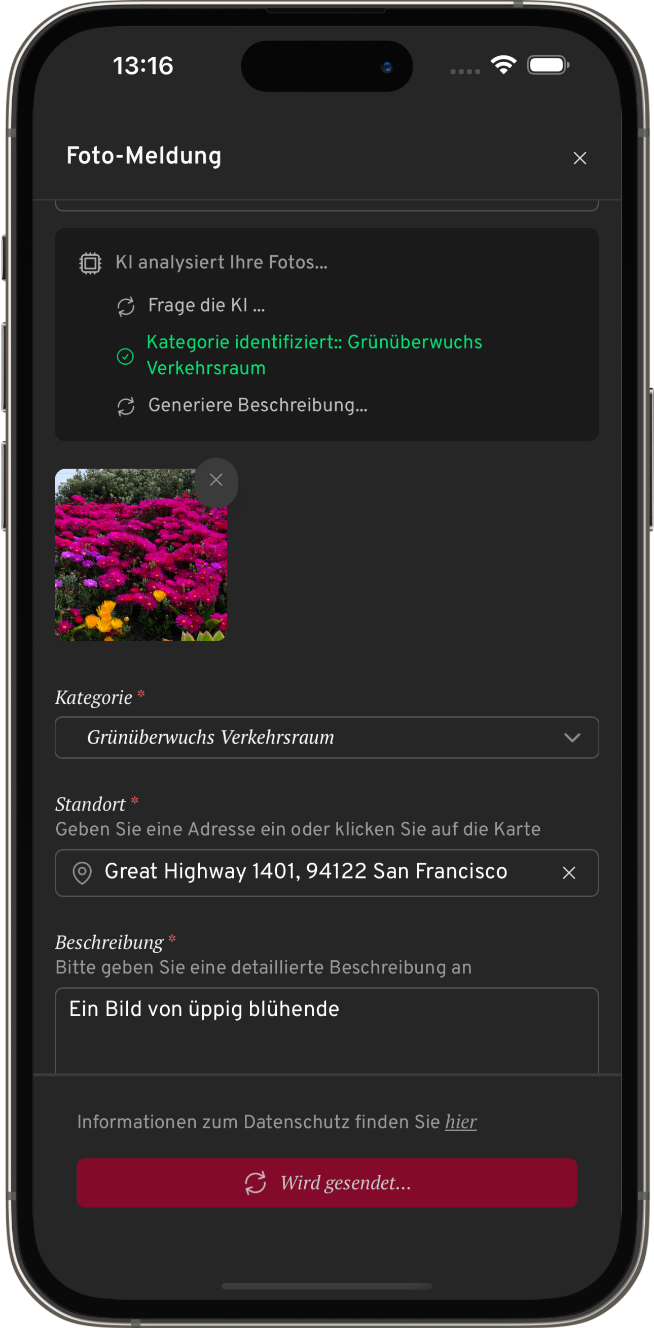 Captura de pantalla: la IA reconoce el problema en la foto y sugiere la categoría adecuada (anliegen.bonn.de)