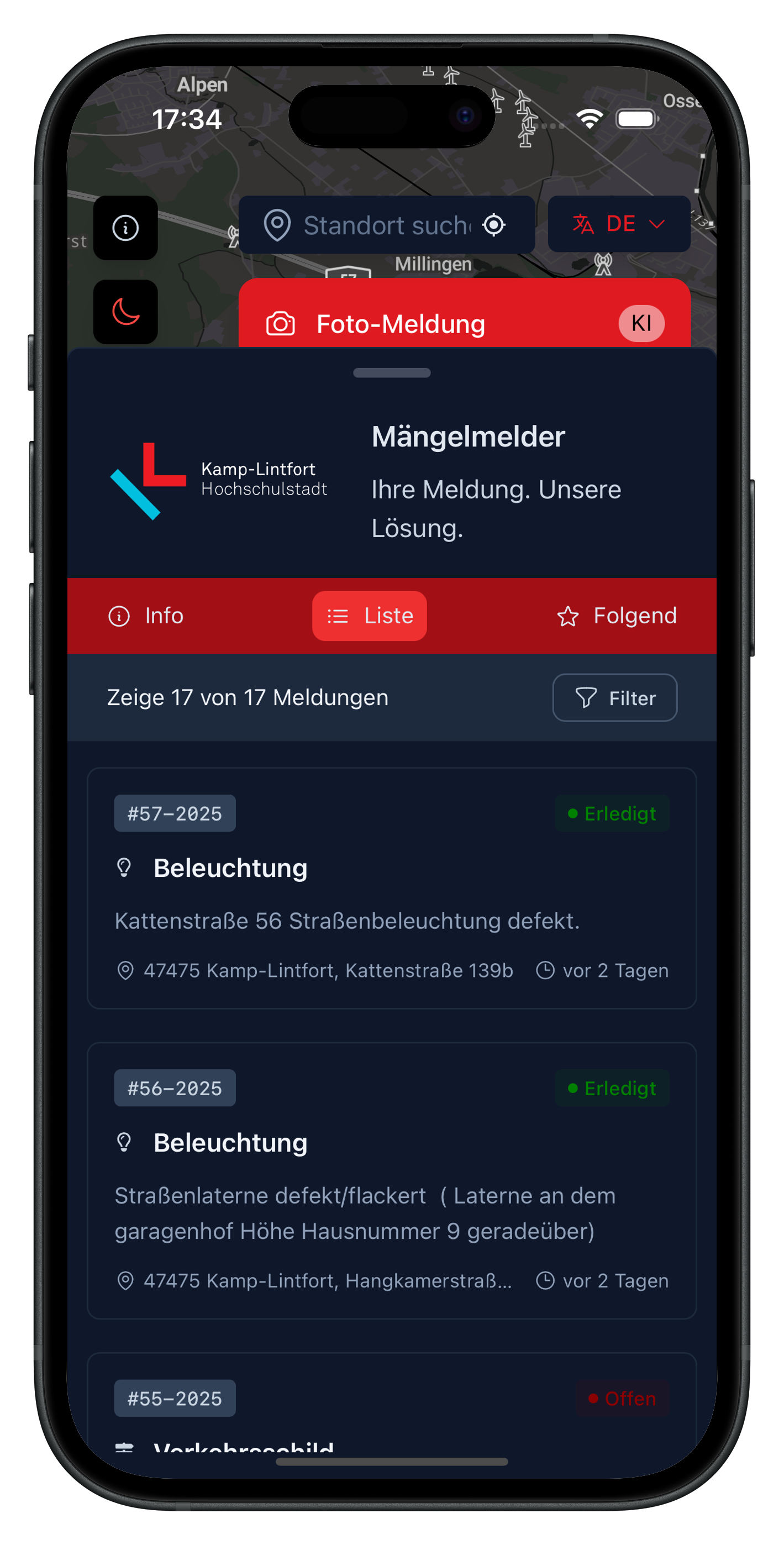 Captura de pantalla: Sistema de reportes Kamp-Lintfort con vista de mapa y categorías (anliegen.kamp-lintfort.de)