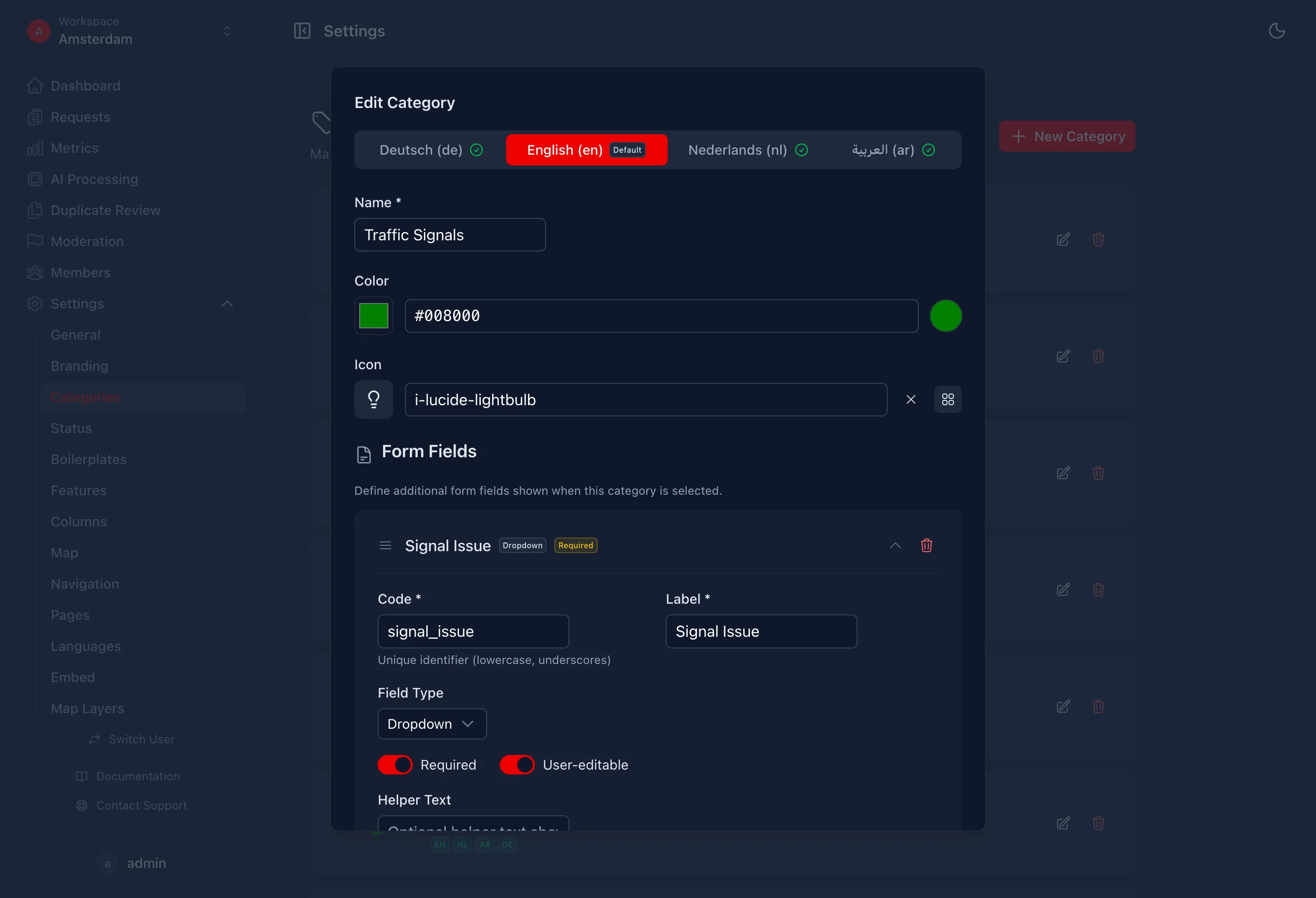 Editor de categorias con atributos tipados y opciones multilingues
