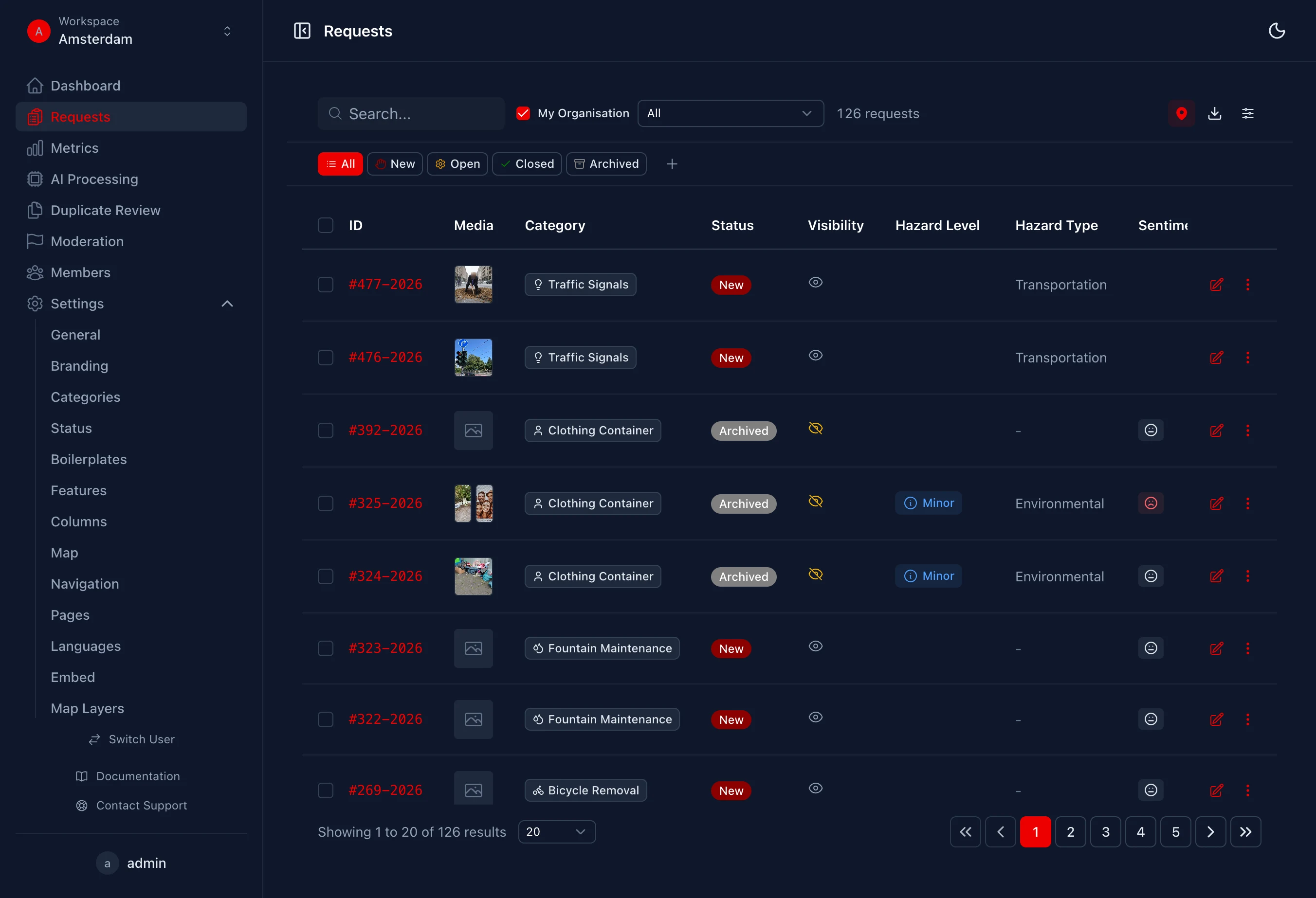 Lista de incidencias con filtros y gestion de estados